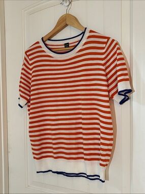 SHEIN Orange & White Striped Short Sleeve Knit Top with Navy Trim